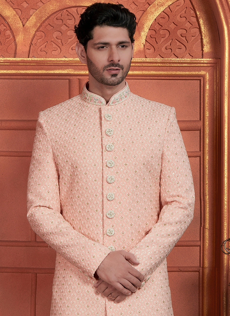 Dhupion Art Silk Pink Wedding Wear Thread Work Readymade Sherwani
