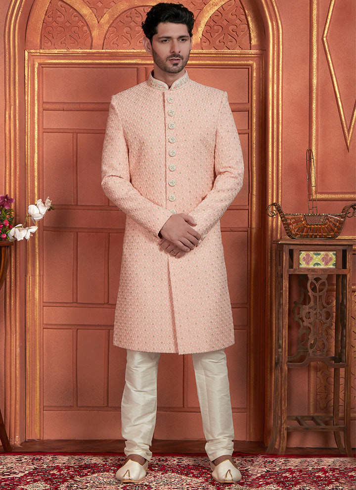 Dhupion Art Silk Pink Wedding Wear Thread Work Readymade Sherwani