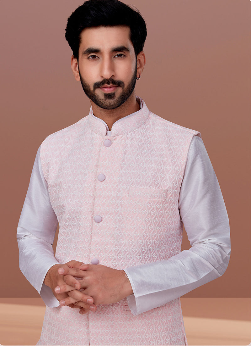 Embroidered Georgette Pink Festival Wear Embroidery Work Readymade Men's Waist Coat