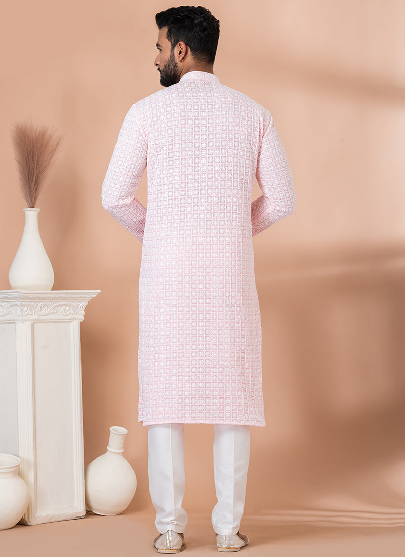 Georgette Pink Festival Wear Weaving Kurta Pajama