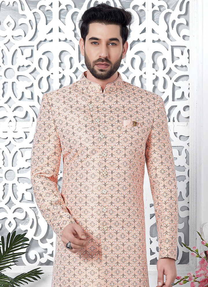Pink Jaquard Silk Party Wear Pattern Pc Work Readymade Mens Indo Western