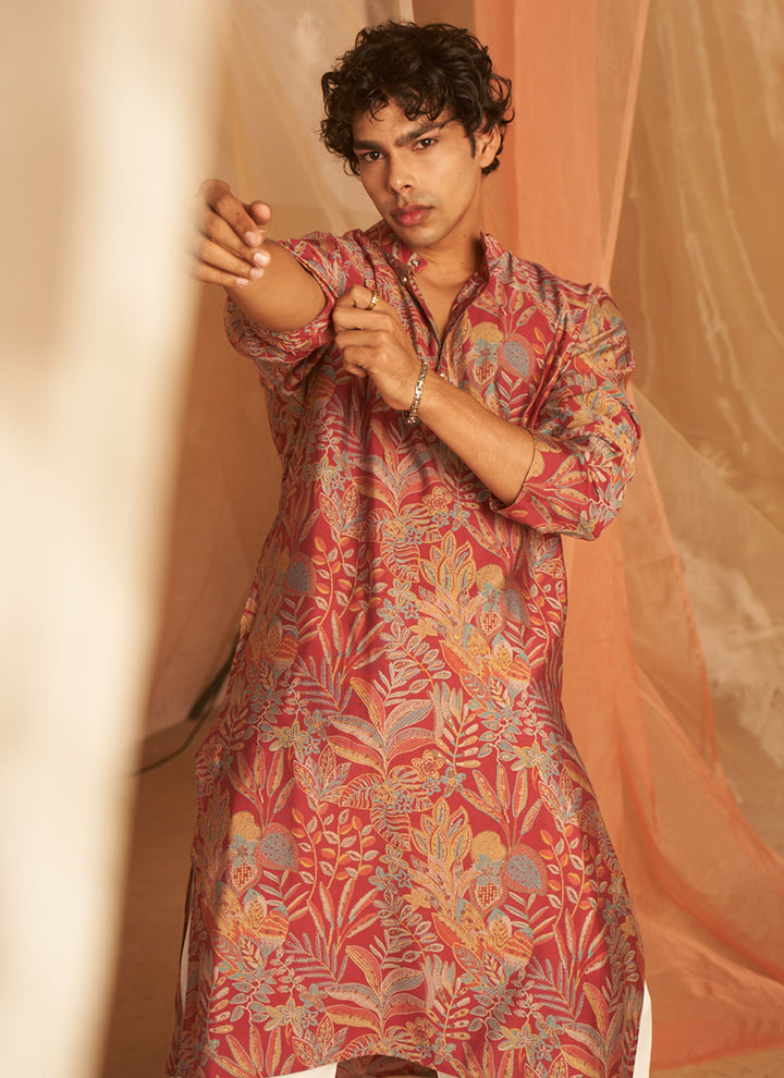 Modal Silk Pink Ceremonial Wear Printed Readymade Kurta Pajama
