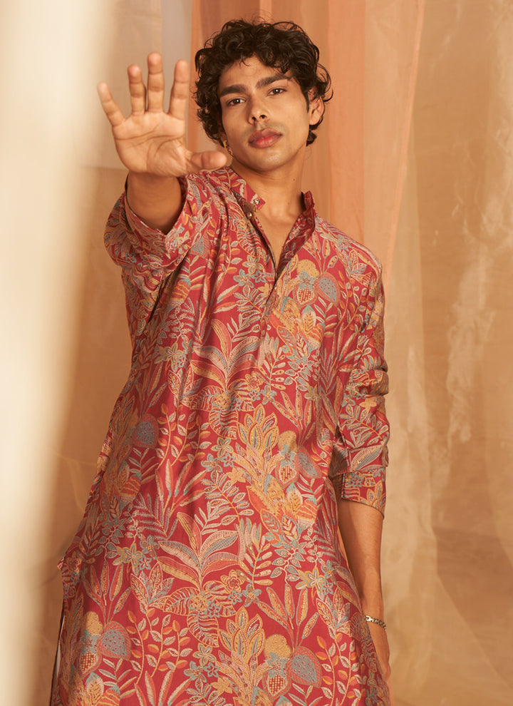Modal Silk Pink Ceremonial Wear Printed Readymade Kurta Pajama