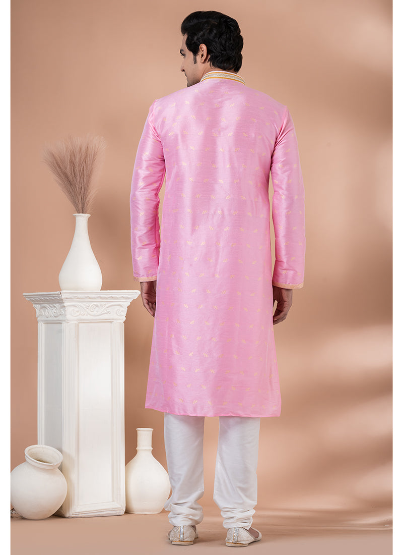 Mulberry Silk Pink Festival Wear Weaving Kurta Pajama