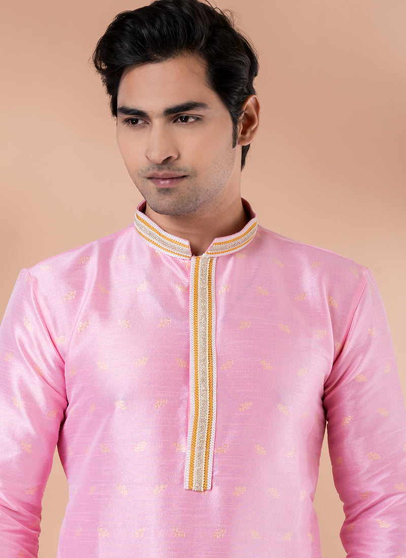 Mulberry Silk Pink Festival Wear Weaving Kurta Pajama