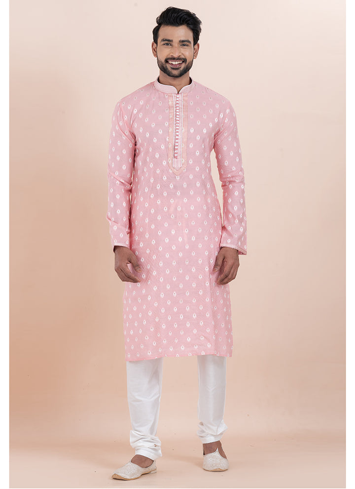Silk Pink Ceremonial Wear Jacquard Work Readymade Kurta Pajama
