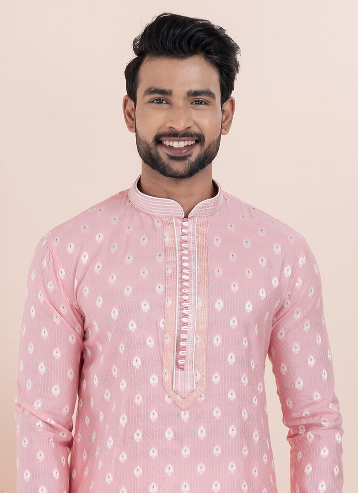 Silk Pink Ceremonial Wear Jacquard Work Readymade Kurta Pajama