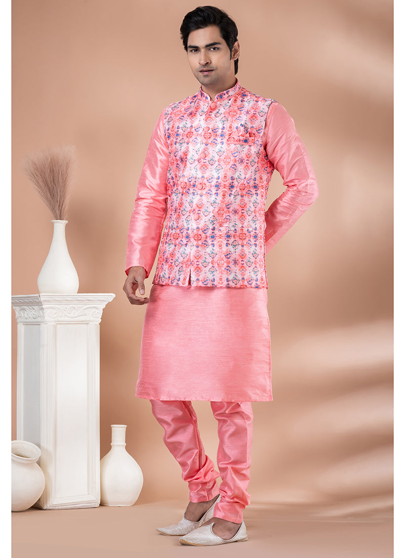 Silk Pink Traditional Wear Corset Work Readymade Modi Jacket Kurta Pajama