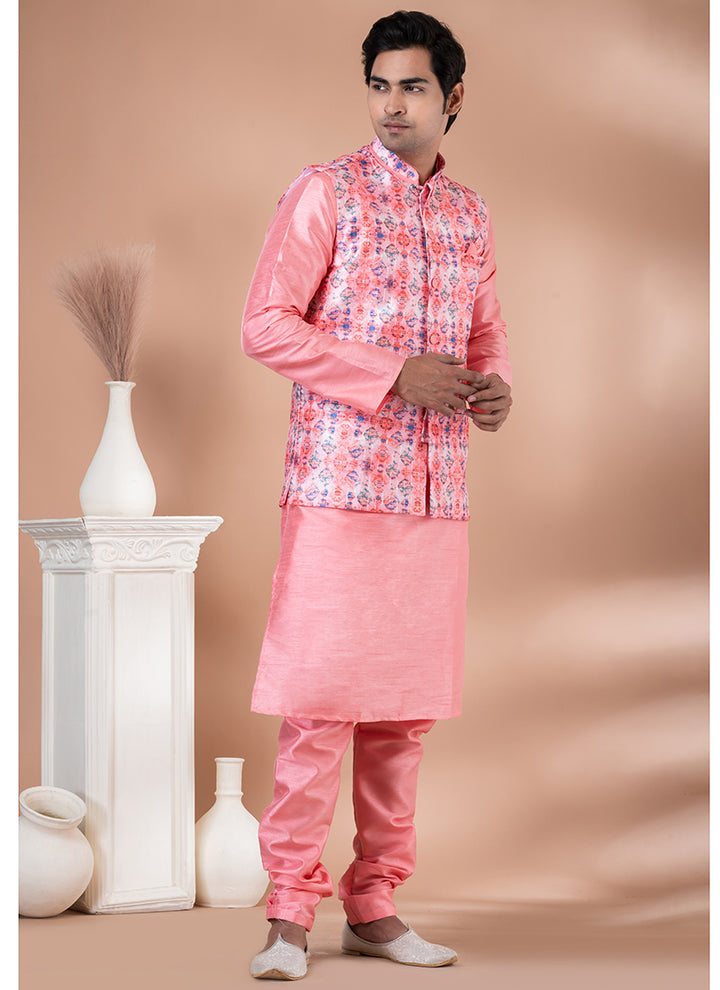 Silk Pink Traditional Wear Corset Work Readymade Modi Jacket Kurta Pajama