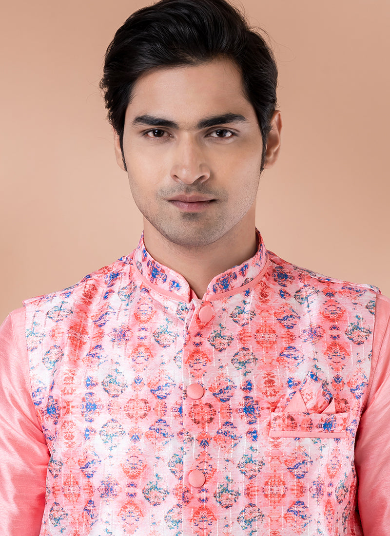 Silk Pink Traditional Wear Corset Work Readymade Modi Jacket Kurta Pajama