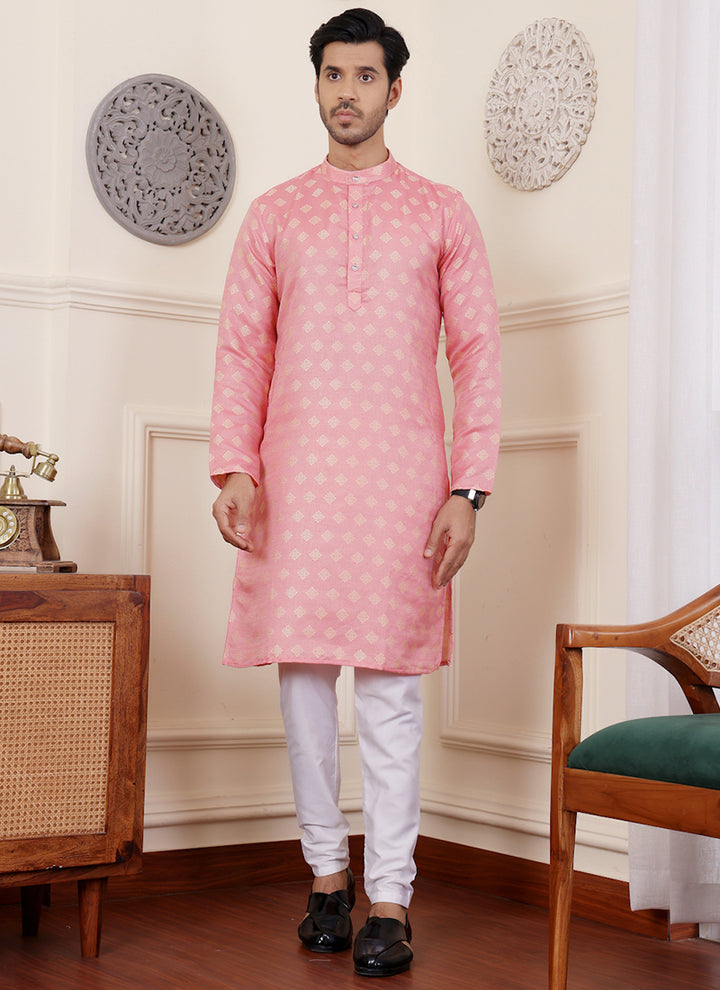 Viscose Pink Festival Wear Jacquard Work Readymade Kurta Pajama