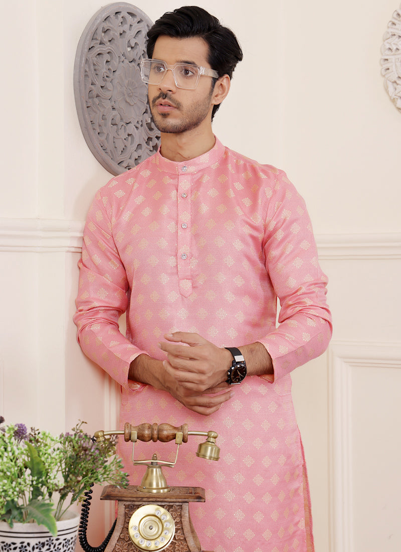 Viscose Pink Festival Wear Jacquard Work Readymade Kurta Pajama