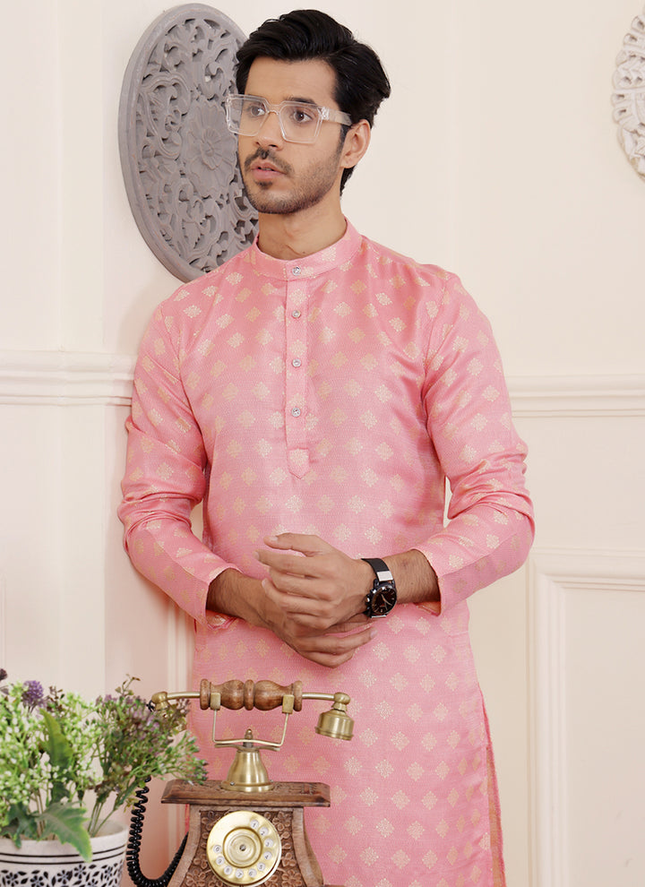 Viscose Pink Festival Wear Jacquard Work Readymade Kurta Pajama