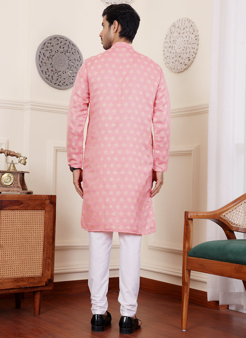 Viscose Pink Festival Wear Jacquard Work Readymade Kurta Pajama