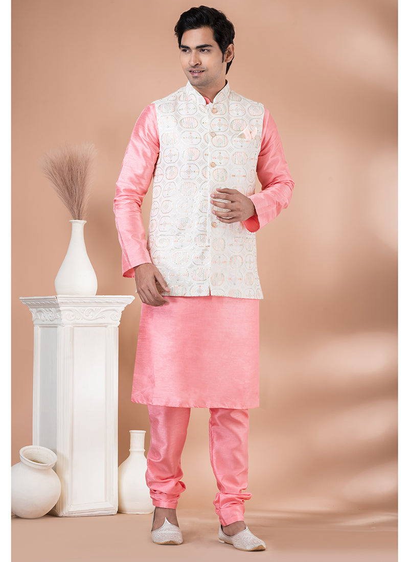 Viscose Pink Traditional Wear Corset Work Readymade Modi Jacket Kurta Pajama