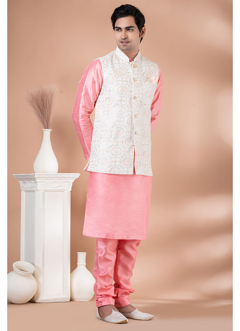 Viscose Pink Traditional Wear Corset Work Readymade Modi Jacket Kurta Pajama
