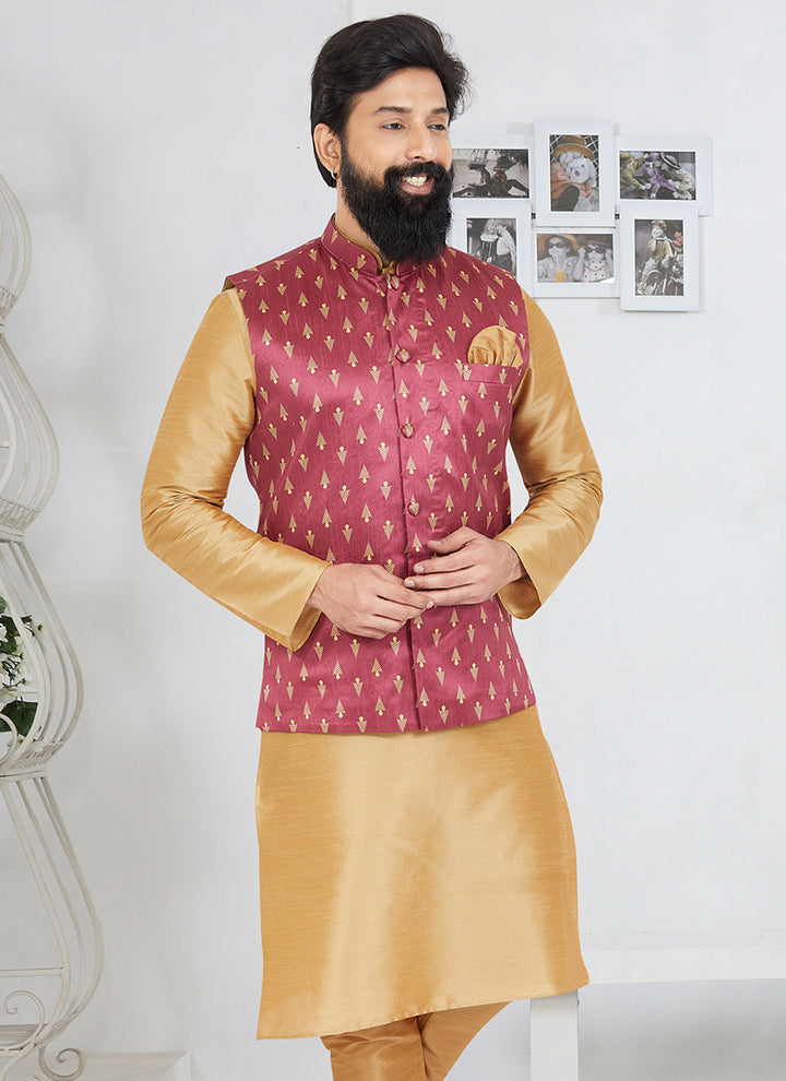 Banarasi Dhupion Pink Wedding Wear Banarasi Work Mens Waist Coat