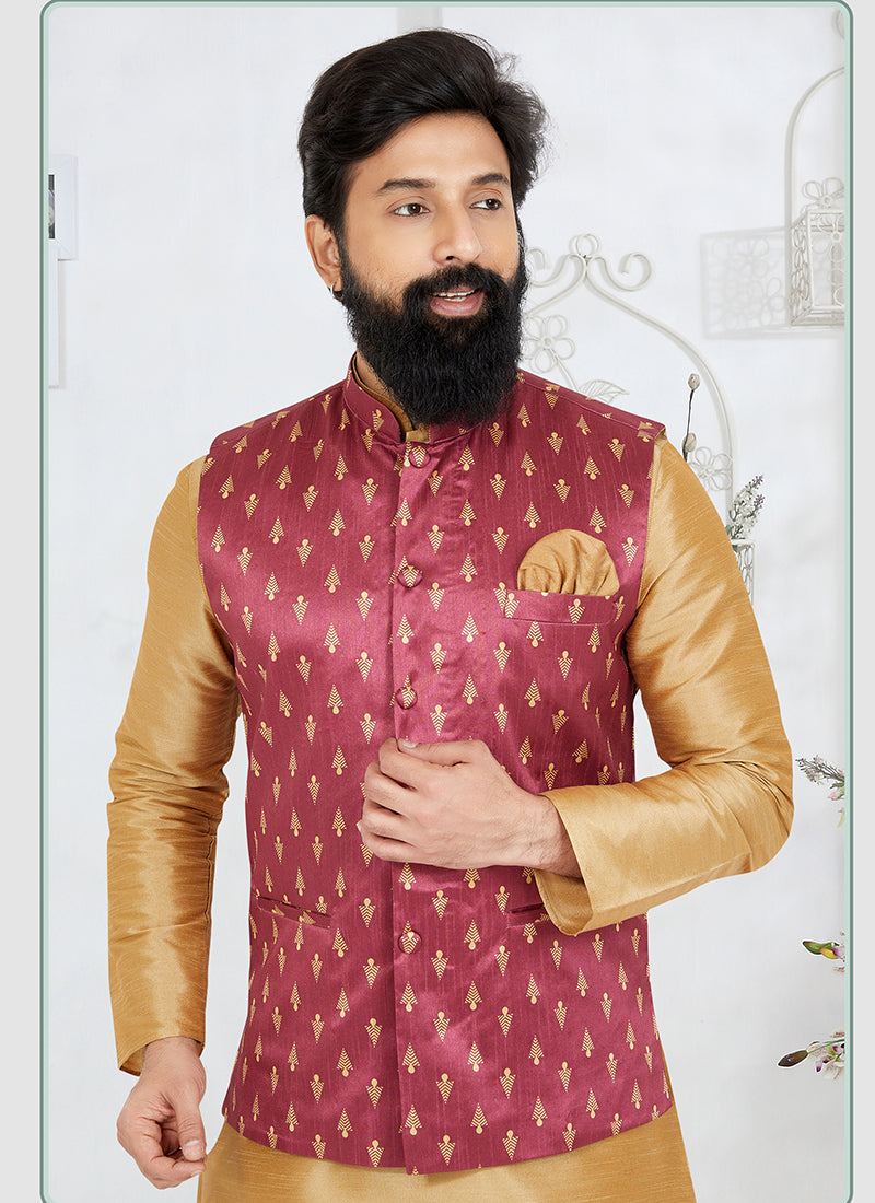 Banarasi Dhupion Pink Wedding Wear Banarasi Work Mens Waist Coat