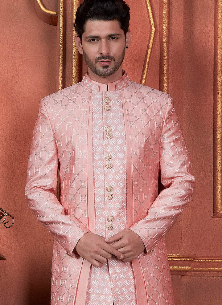 Silk Pink Wedding Wear Computer Thread Readymade Sherwani Set