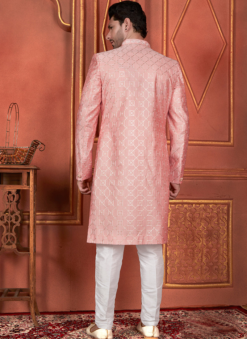 Silk Pink Wedding Wear Computer Thread Readymade Sherwani Set