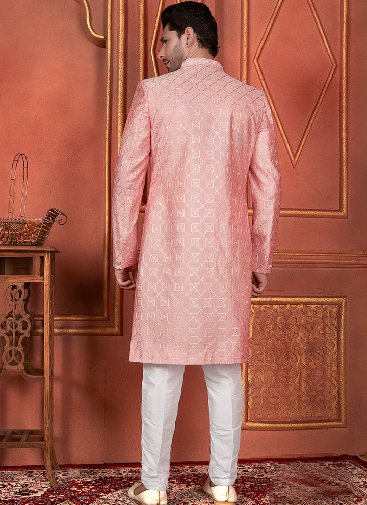 Silk Pink Wedding Wear Computer Thread Readymade Sherwani Set