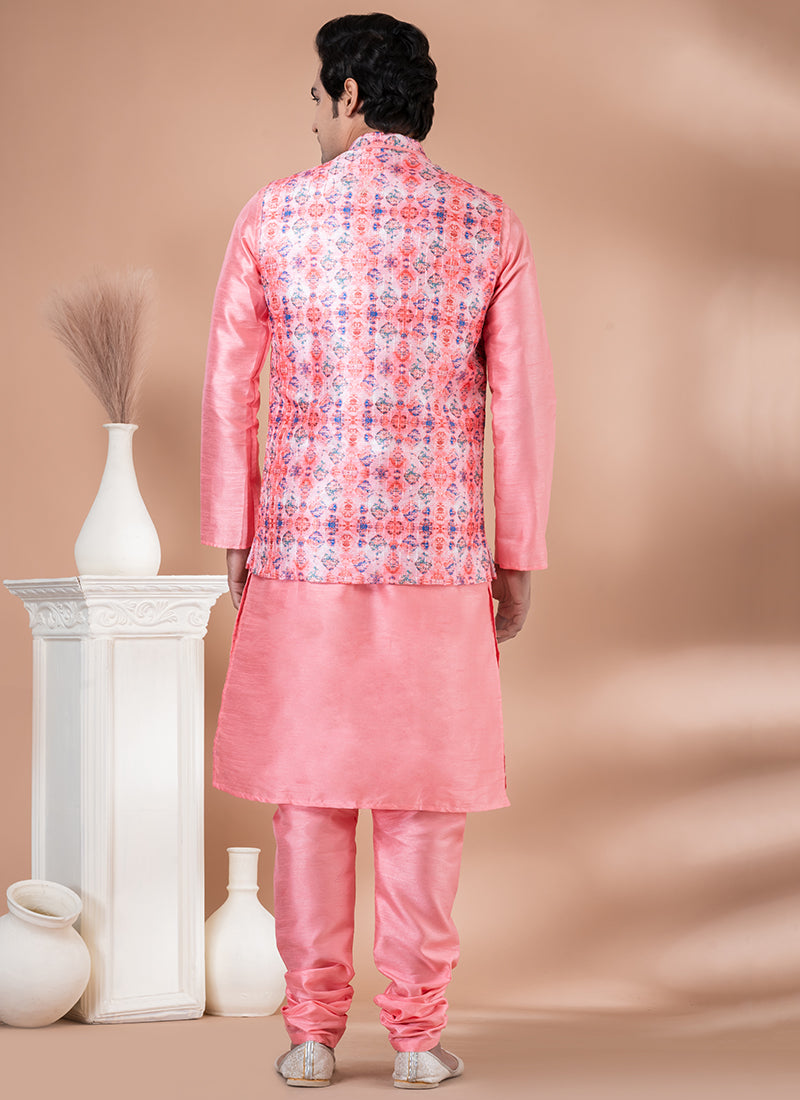 Silk Pink Wedding Wear Embroidery Work Readymade Modi Jacket Kurta Pajama