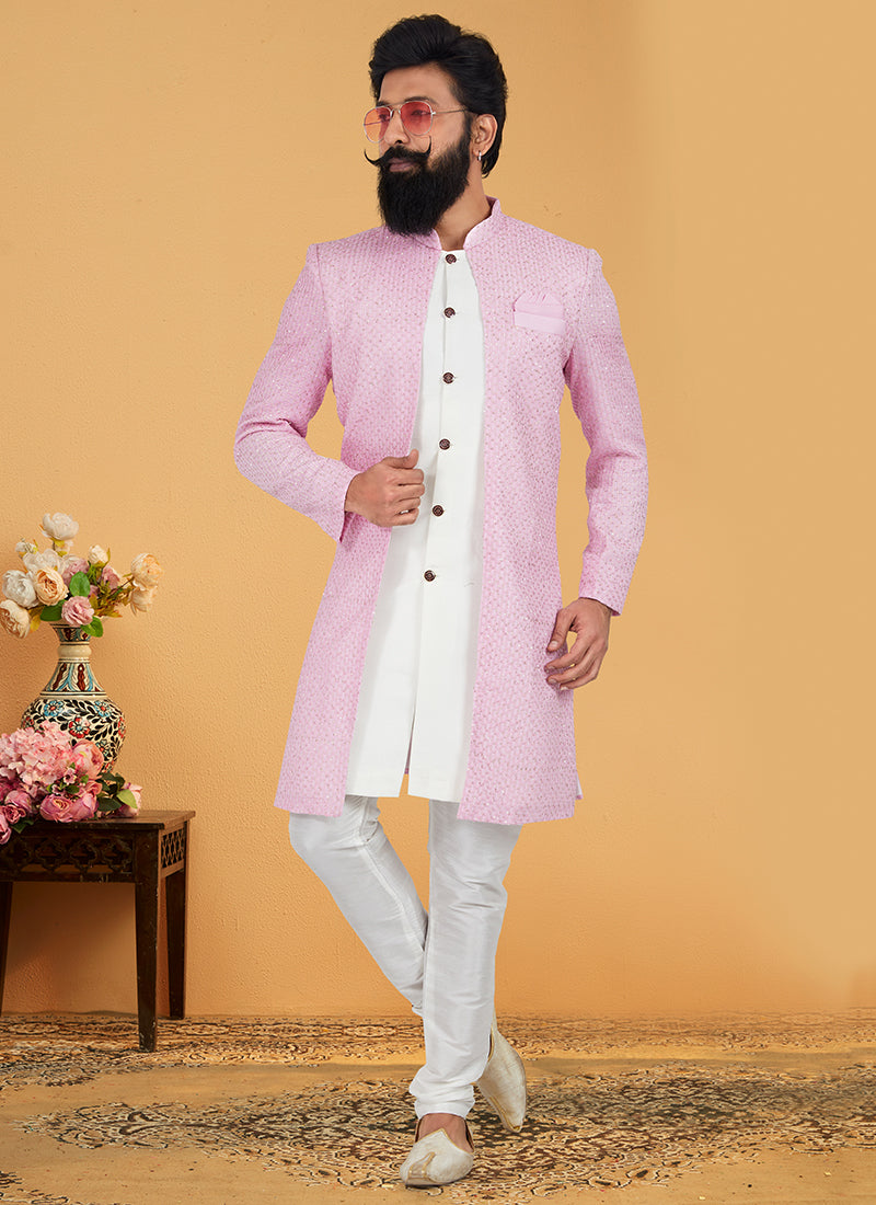 Pink White Georgette Banarasi Dhupion Wedding Wear Embroidery Work Mens Indo Western