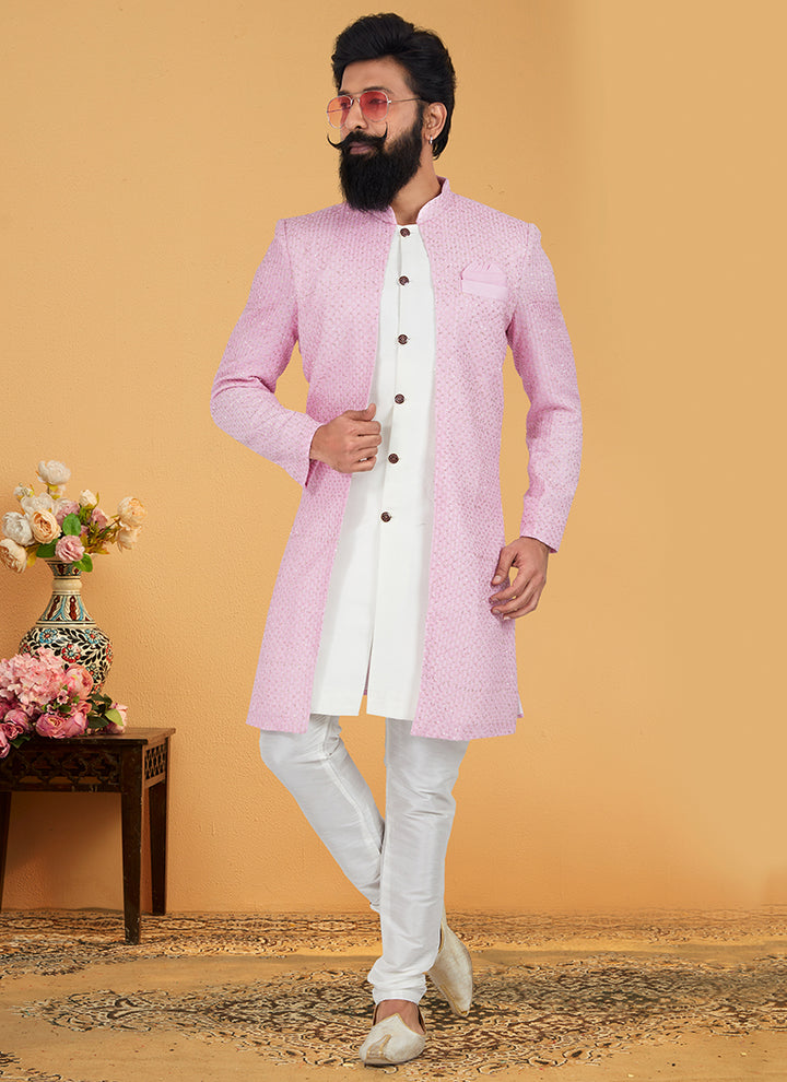 Pink White Georgette Banarasi Dhupion Wedding Wear Embroidery Work Mens Indo Western
