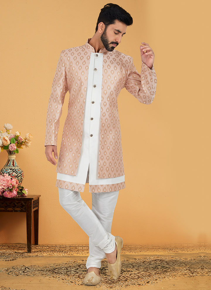 Pink White Jacquard Silk Banarasi Dhupion Wedding Wear Embroidery Work Mens Indo Western