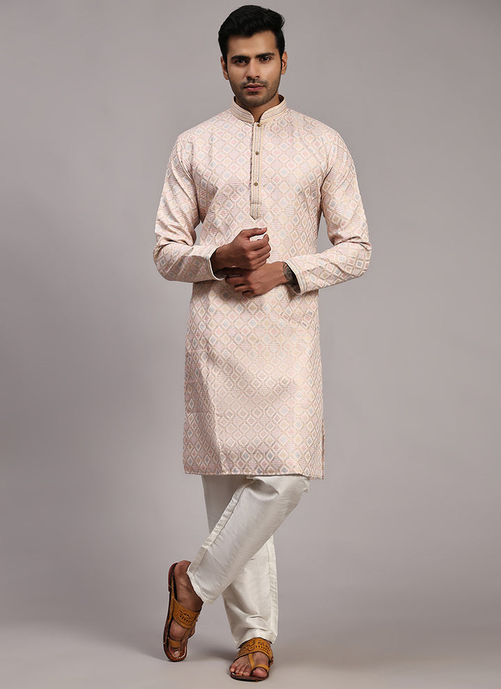 Viscose Jacquard Pink  Festival Wear Weaving  Readymade Kurta Pajama