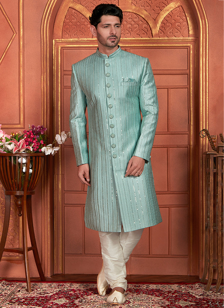 Art Silk Pista Wedding Wear Embroidery Work Readymade Groom Sherwani