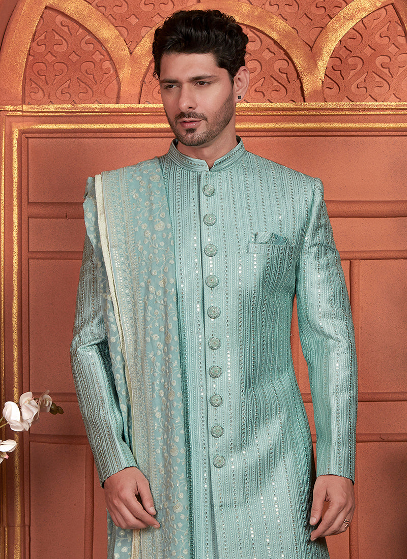 Art Silk Pista Wedding Wear Embroidery Work Readymade Groom Sherwani
