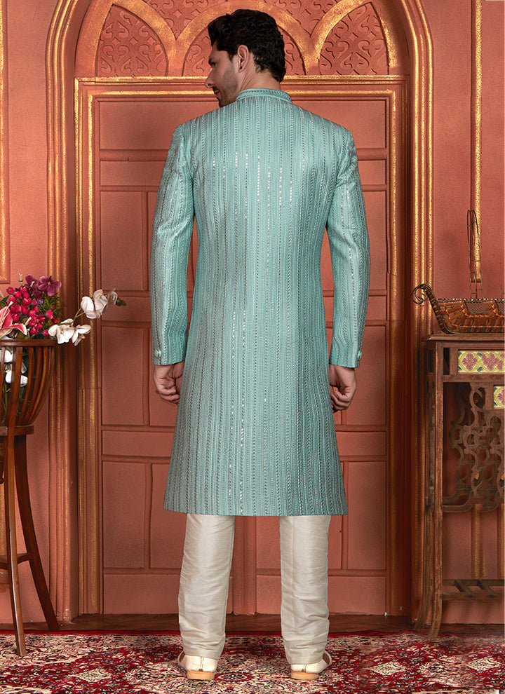 Art Silk Pista Wedding Wear Embroidery Work Readymade Groom Sherwani