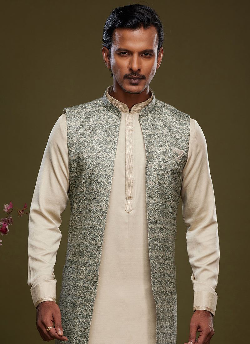 Pista Green Art Banarasi Silk Festival Wear Digital Printed Kurta Pajama With Jacket