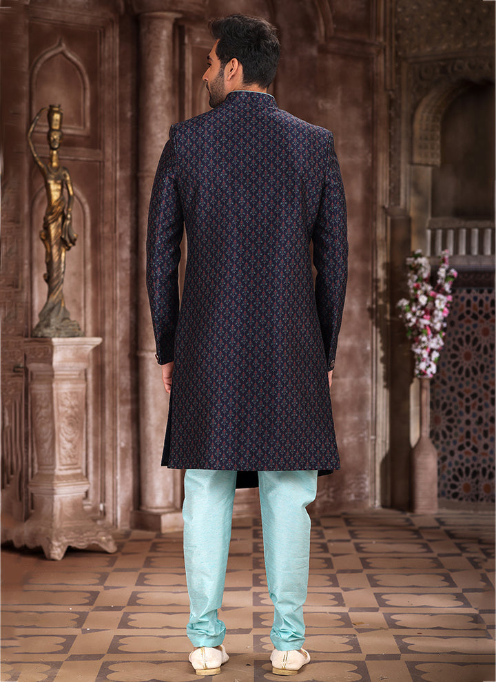 Pista Green Art Silk Traditional Wear Printed Sherwani