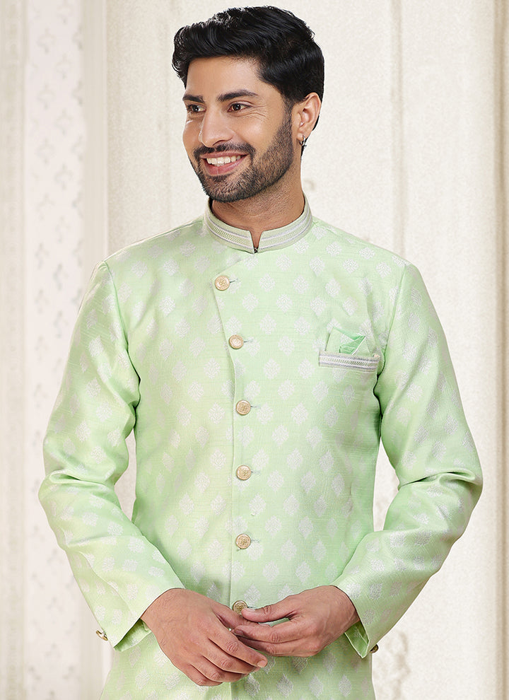 Pista Green Banarasi Jacquard Festival Wear Weaving Indo Western