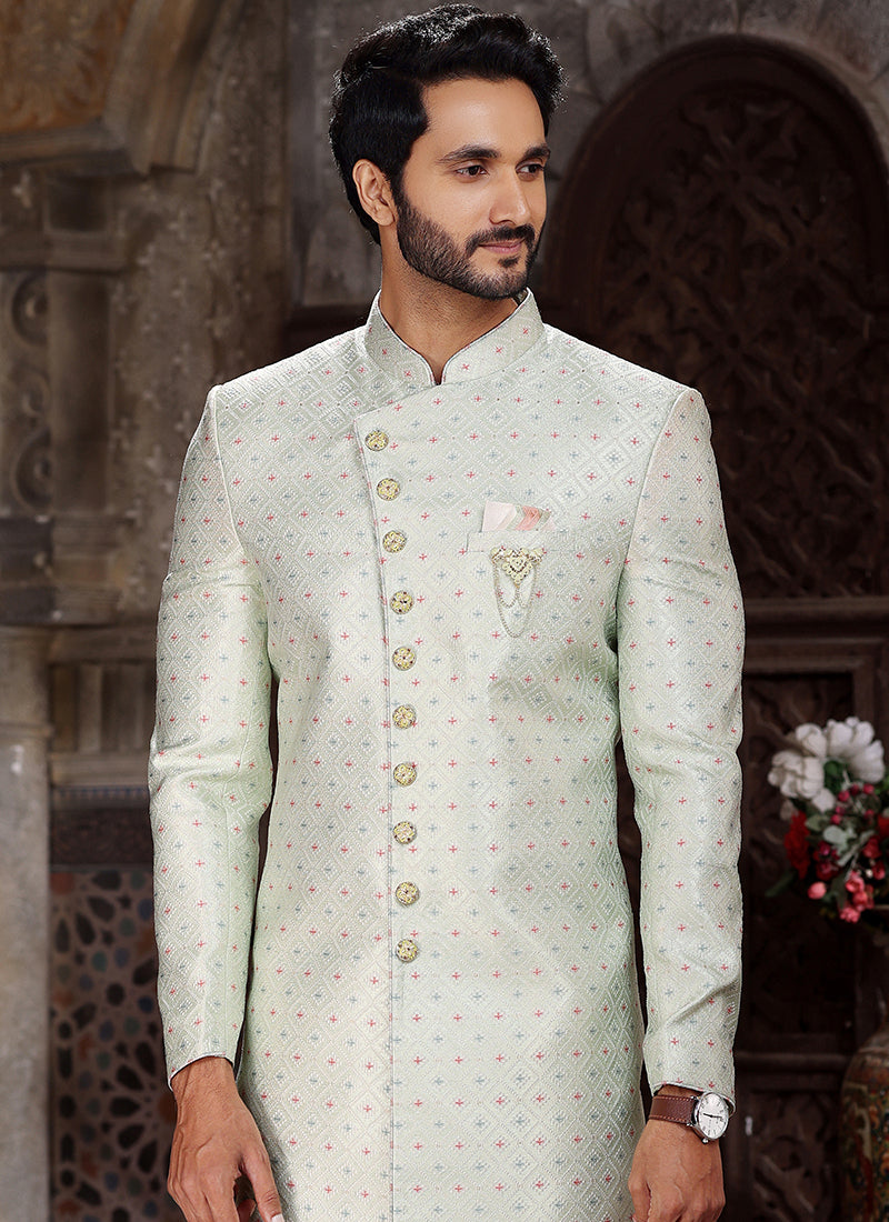 Pista Green Banarasi Jacquard Reception Wear Weaving Mens Indo Western