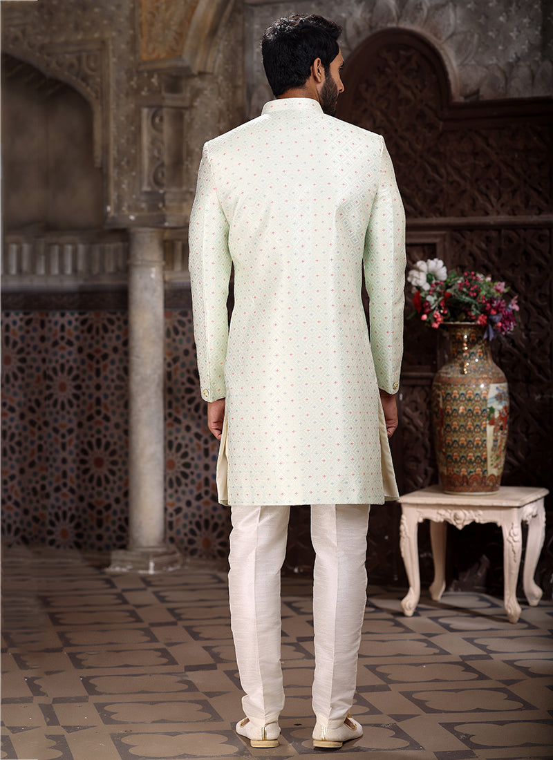 Pista Green Banarasi Jacquard Reception Wear Weaving Mens Indo Western