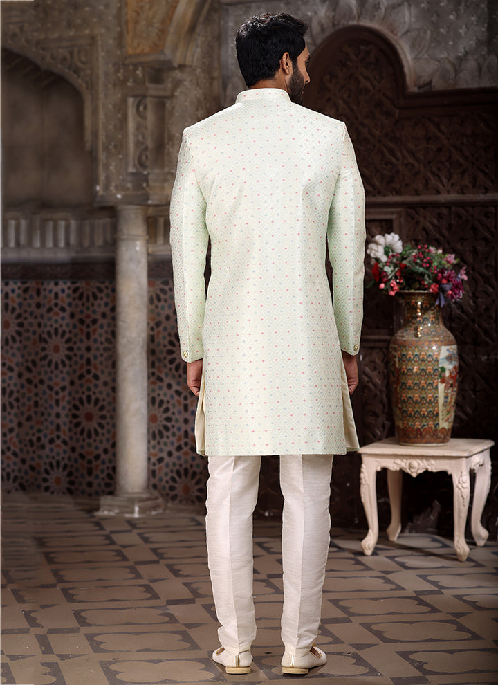 Pista Green Banarasi Jacquard Reception Wear Weaving Mens Indo Western