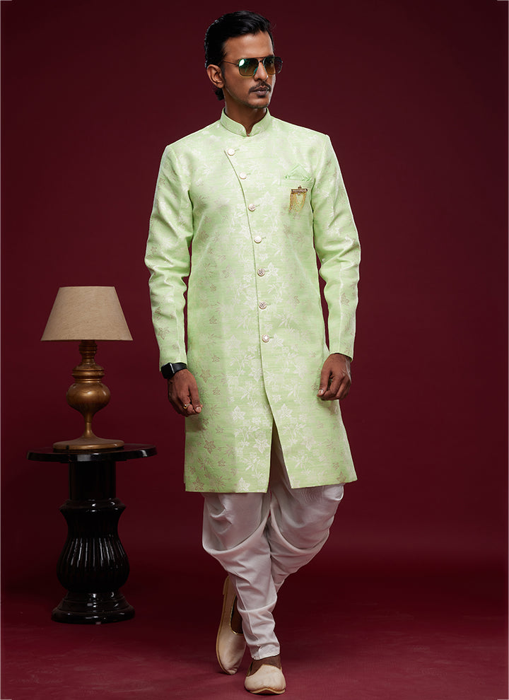 Pista Green Banarasi Jacquard Tradional Wear Weaving Peshawari Indo Western