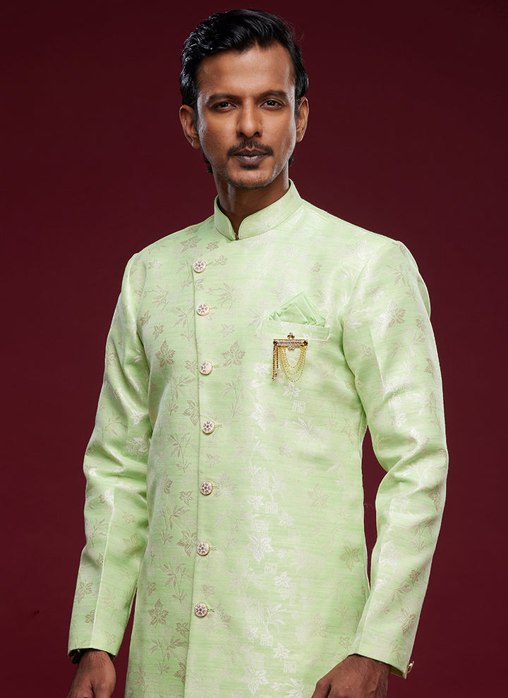 Pista Green Banarasi Jacquard Tradional Wear Weaving Peshawari Indo Western