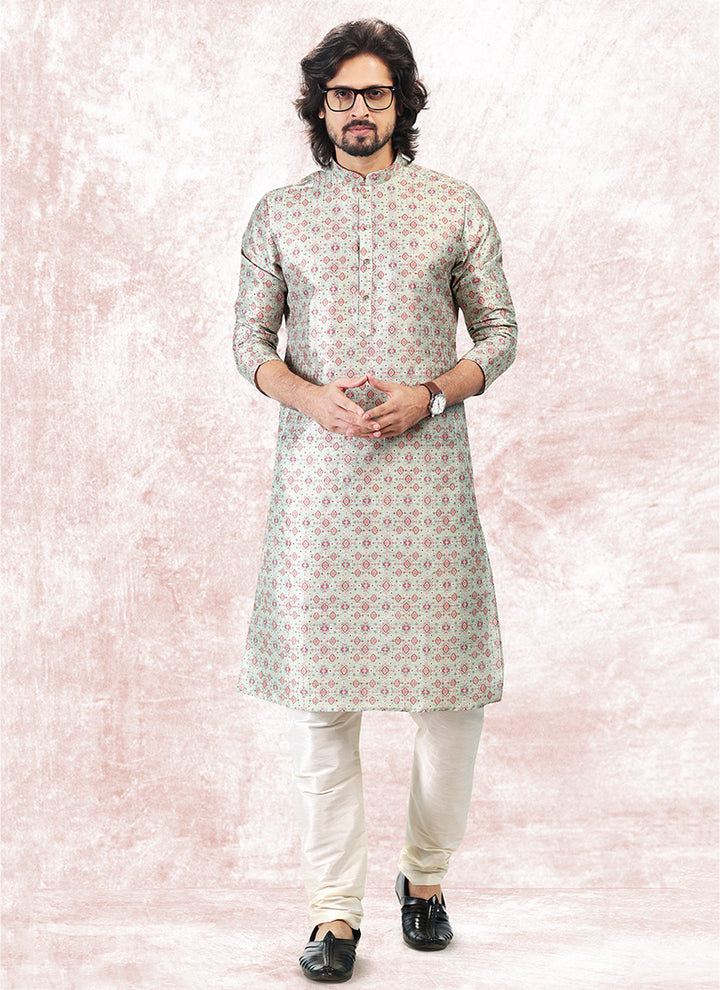 Pista Green Banarasi Silk Festival Wear Jacquard Kurta Pajama