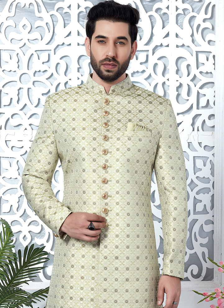 Pista Green Jaquard Silk Party Wear Pattern Pc Work Readymade Mens Indo Western