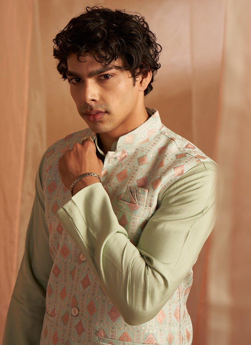 Viscose Pista Ceremonial Wear Printed Readymade Modi Jacket Kurta Pajama