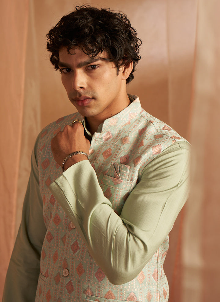 Viscose Pista Ceremonial Wear Printed Readymade Modi Jacket Kurta Pajama