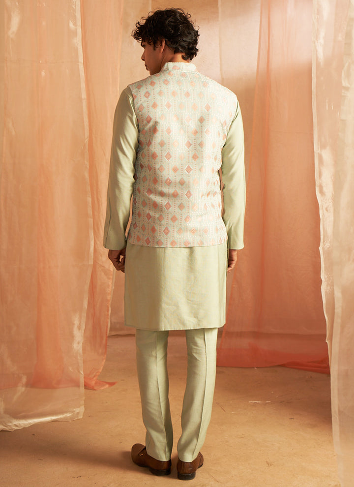 Viscose Pista Ceremonial Wear Printed Readymade Modi Jacket Kurta Pajama