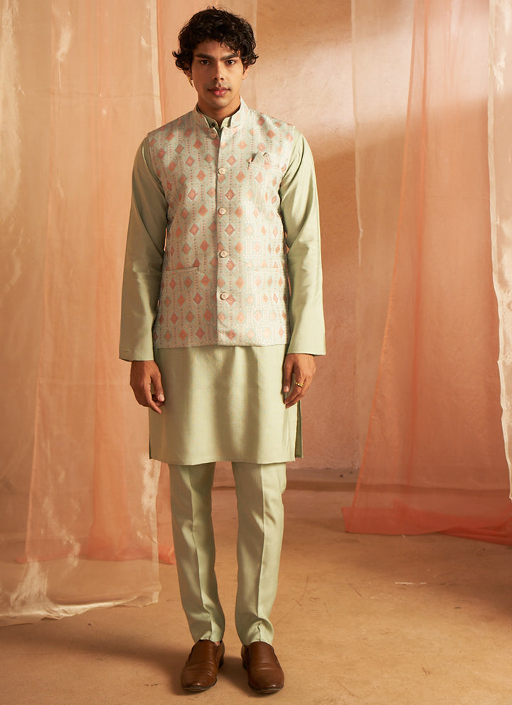 Viscose Pista Ceremonial Wear Printed Readymade Modi Jacket Kurta Pajama