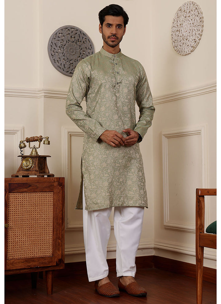 Viscose  Pista Traditional Wear Weaving  Readymade Kurta Pajama
