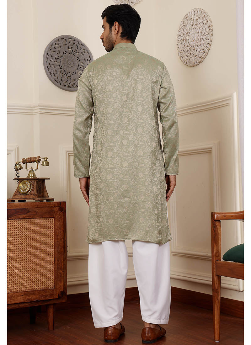 Viscose  Pista Traditional Wear Weaving  Readymade Kurta Pajama
