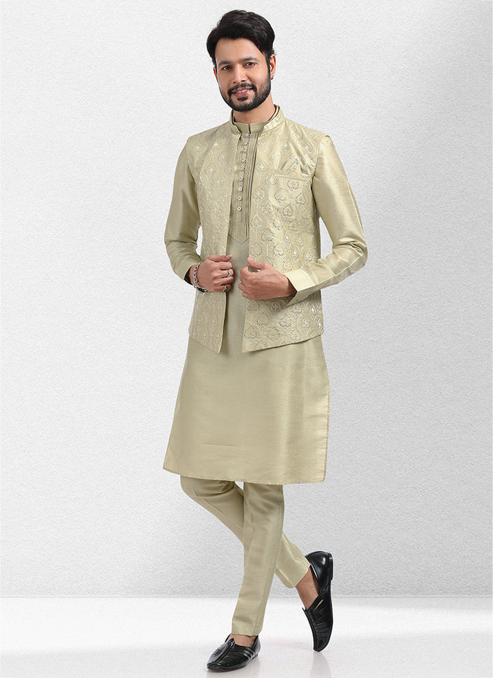 Pista green Art Silk Festival Wear Thread Work Kurta Pajama With Jacket